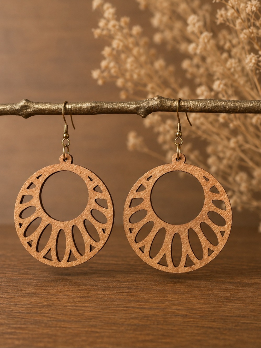 Wooden Cutout Circle Drop Earrings - Brown